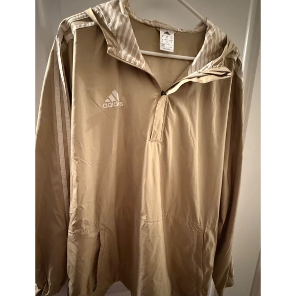 adidas Other - Adidas Men XL Tan Khaki Half Zip Windbreaker Hooded Jacket Pullover Striped Trim